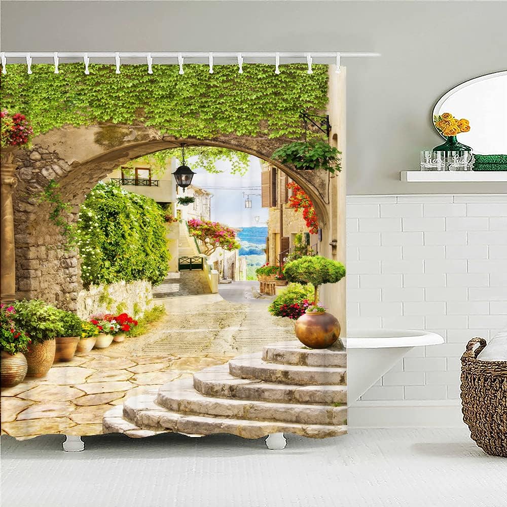 Idylliczny widok na ogród Zasłona prysznicowa Dekoracja łazienki Zasłona prysznicowa z tkaniny 3D z haczykiem Wodoodporny parawan prysznicowy 90x180cm