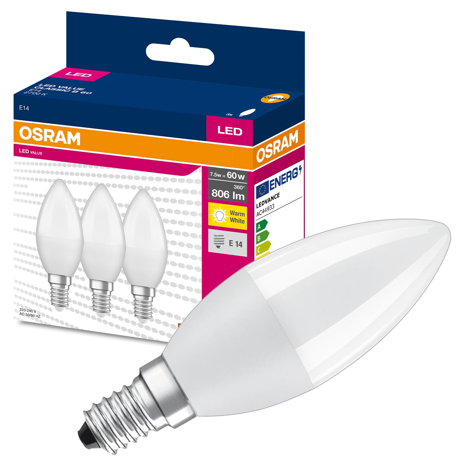 3x Żarówka LED B39 Świeczka E14 7.5 W = 60 W 806lm 2700K Ciepła biel 200st. VALUE CLASSIC Osram