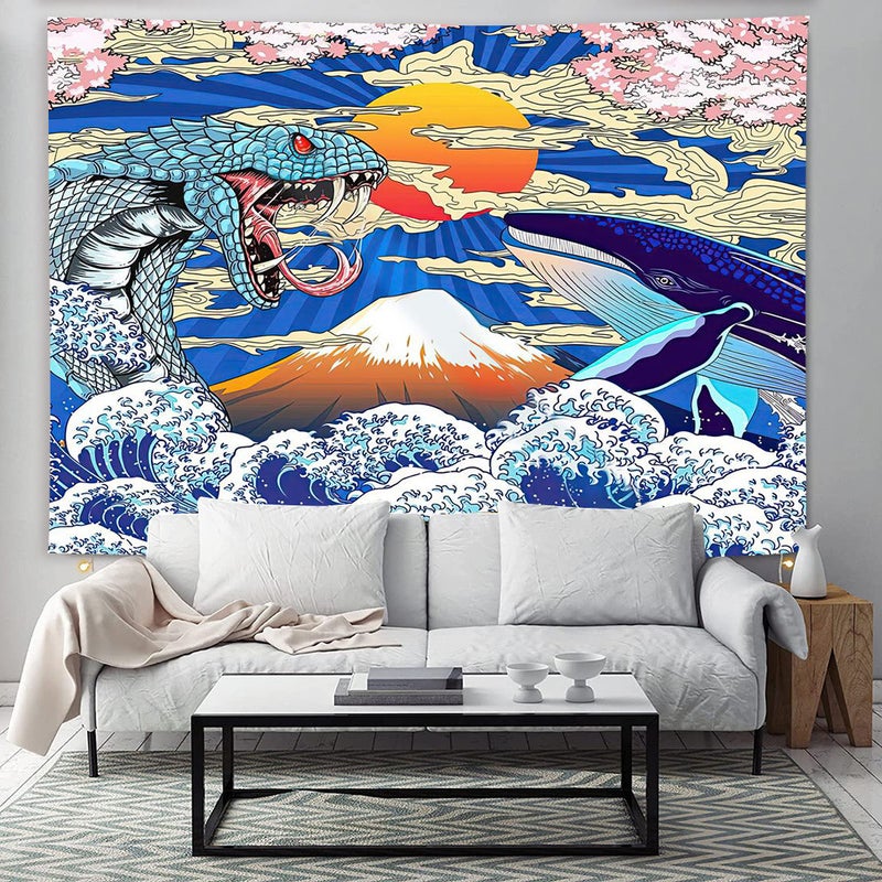 Wieloryb Wąż Sztuka Japon - Gobelin ścienny - 200x150 cm - Duży gobelin - Plakat - Dekoracja z tkaniny - Akcesoria do Sypialni Pokoju Dziennego