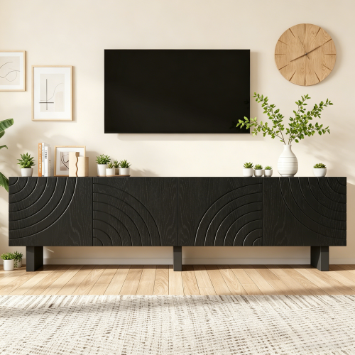 Nowoczesna szafka pod telewizor 180x40x55 cm - z 4 drzwiami - Kompatybilna z telewizorami do 75 cali - Płyta wiórowa - Czarna