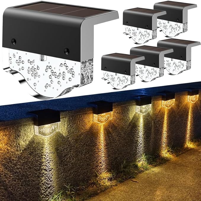 Zestaw 6 lamp solarnych do dekoracji ogrodu, schodów, schodów, 2 tryby, ciepłe białe światło + bursztynowa dioda LED