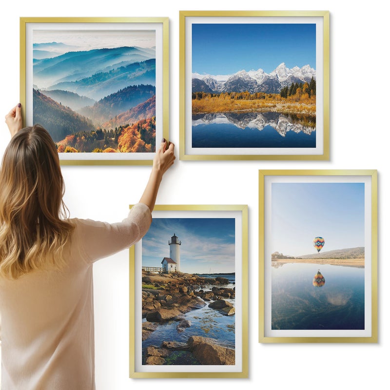 Galeria ścienna 4-częściowy komplet obrazów w złotych ramach - Widoki natury z latarnią górami jeziorem i balonem - ArtPrintCave