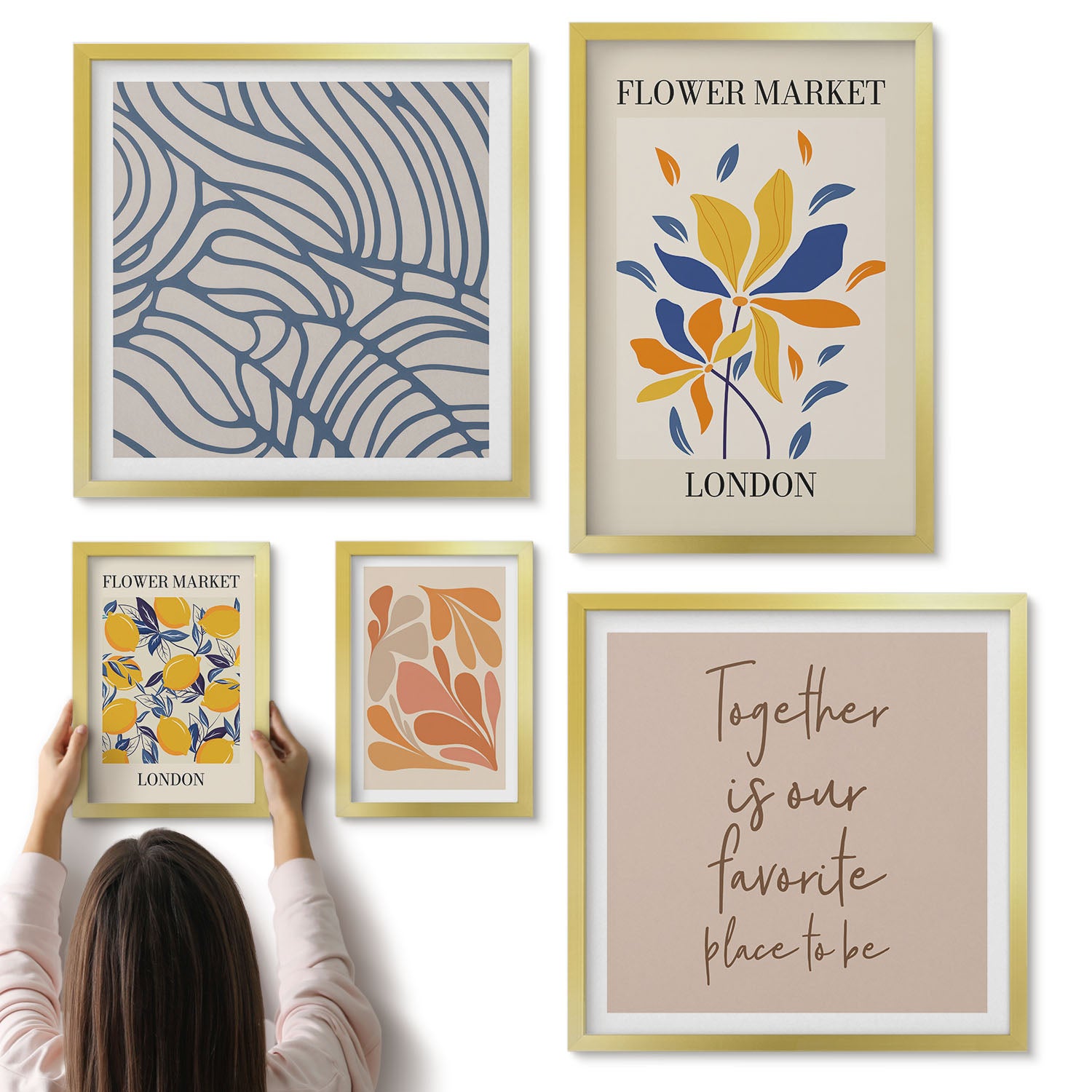 Galeria ścienna 5-częściowy komplet obrazów w złotych ramach - Kwiatowe motywy i stylizowane napisy z Londynu - ArtPrintCave