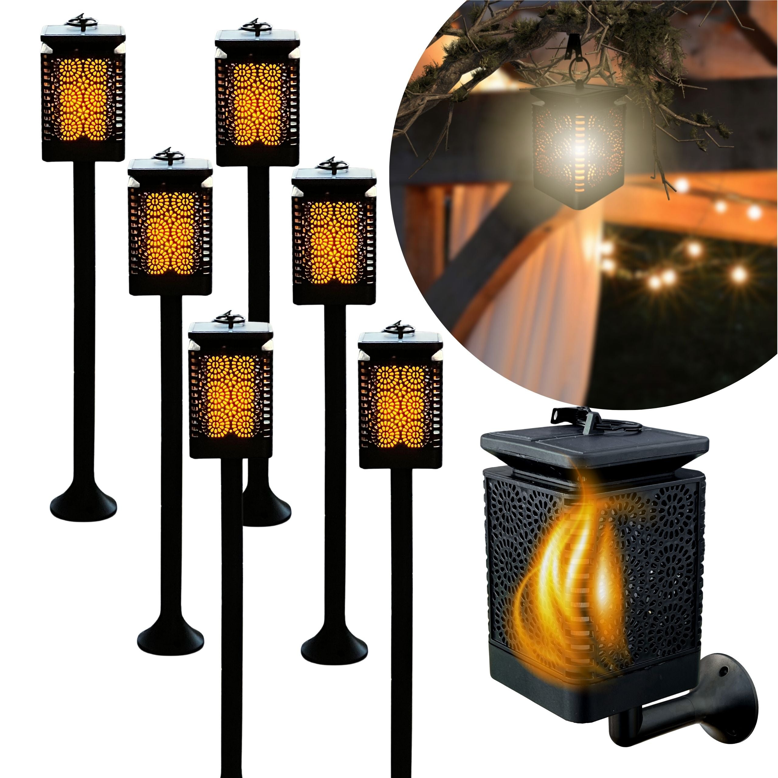 Zestaw 6 Lamp Solarnych LED 3w1 Lampion Pochodnia Latarnia z Efektem Płomienia na Ogród Taras Balkon
