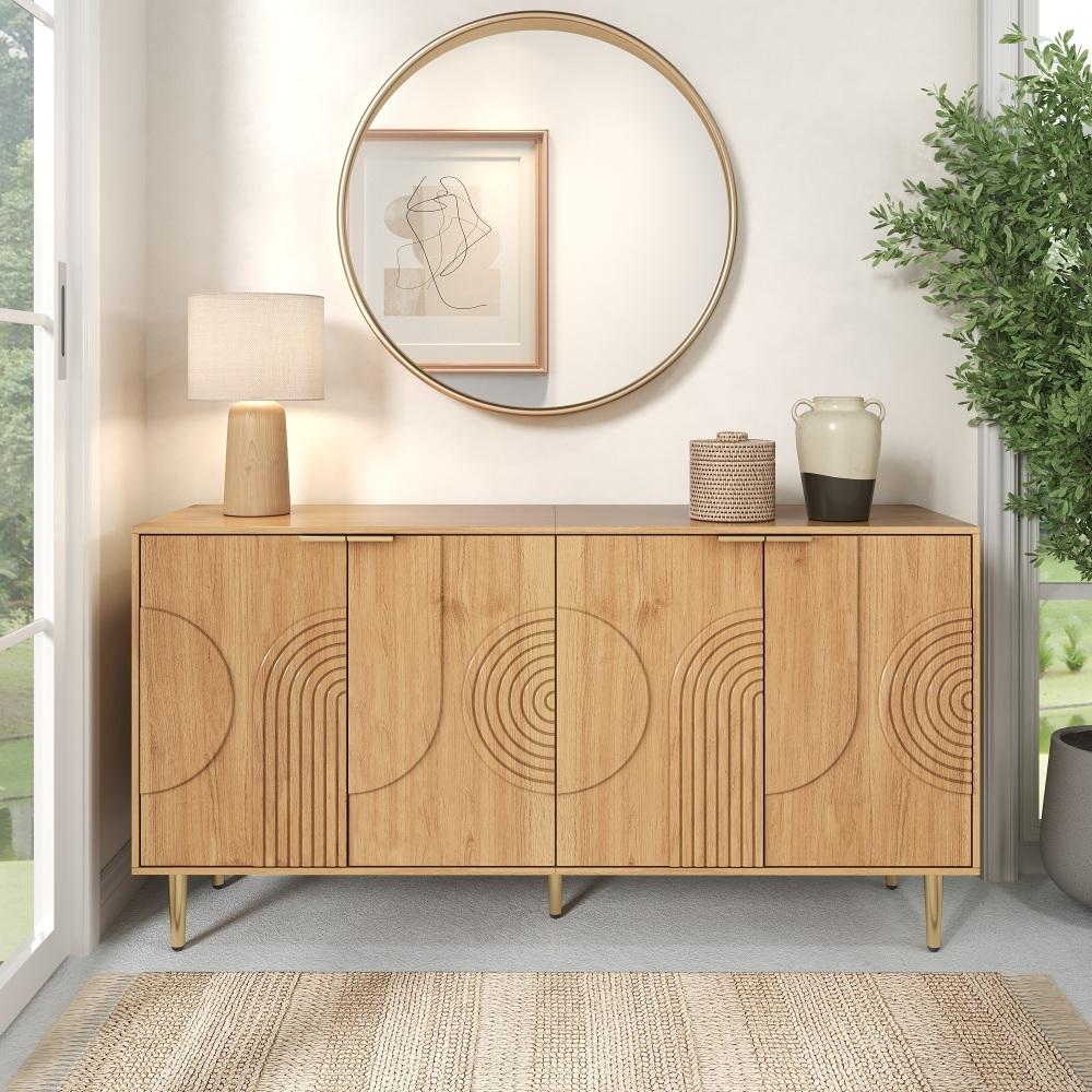 Nowoczesny kredens z naturalnego drewna z 4 drzwiami i przestrzenią do przechowywania, 140 x 40 x 72 cm, elegancki i funkcjonalny
