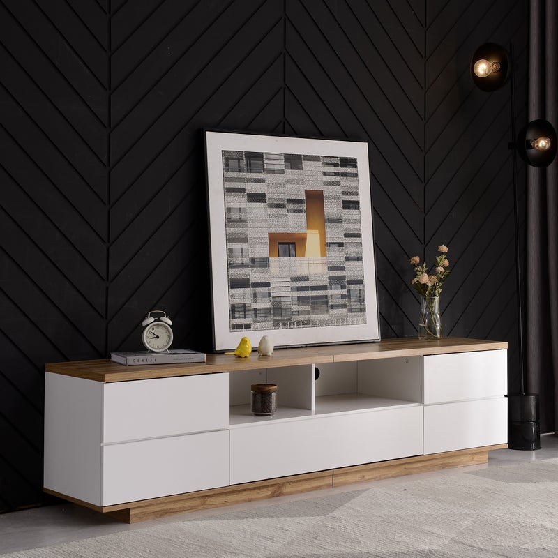 Nowoczesna szafka RTV 180 x 38 x 46 cm - Z 5 drzwiami - Imitacja drewna - MDF - Biała + Naturalna