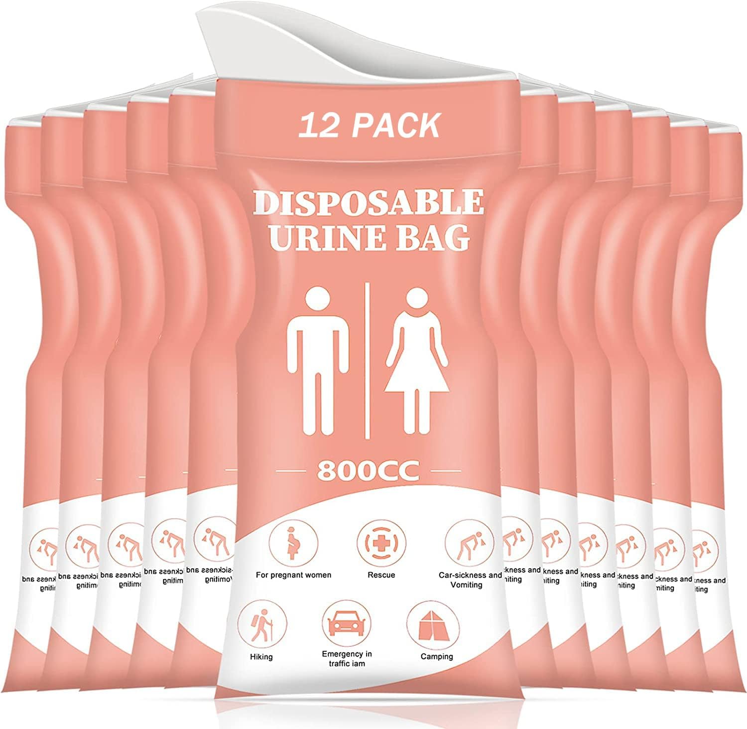 12-częściowe jednorazowe torby na pisuary podróżne, 800 ml, przenośne torby na pisuary awaryjne, unisex, różowe