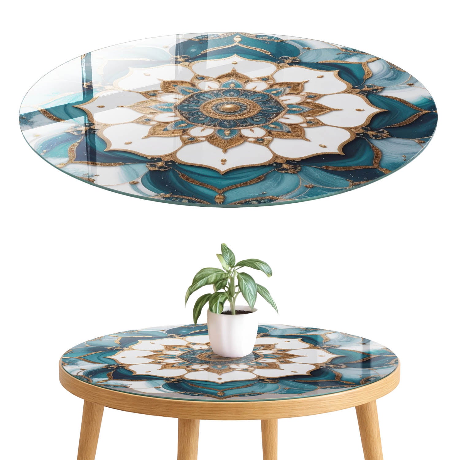 Hartowany blat szklany z printem - stylowa osłona zniszczonego lub starego blatu fi60 cm Mandala elegancja