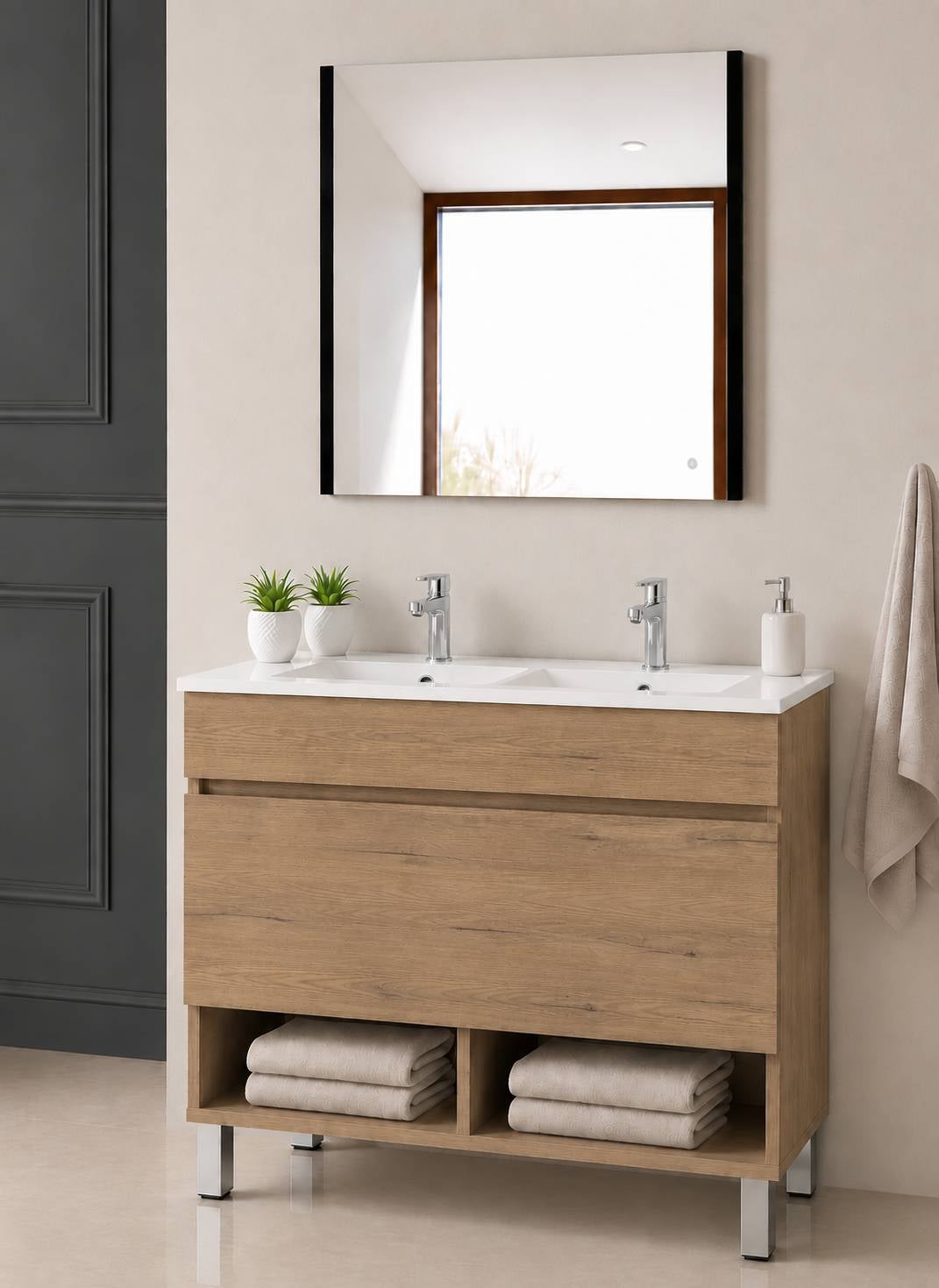 Szafka łazienkowa na nóżkach z umywalką ORIGENBATH NEBARI na nóżkach z szufladą 120x45 cm podwójna umywalka estepa
