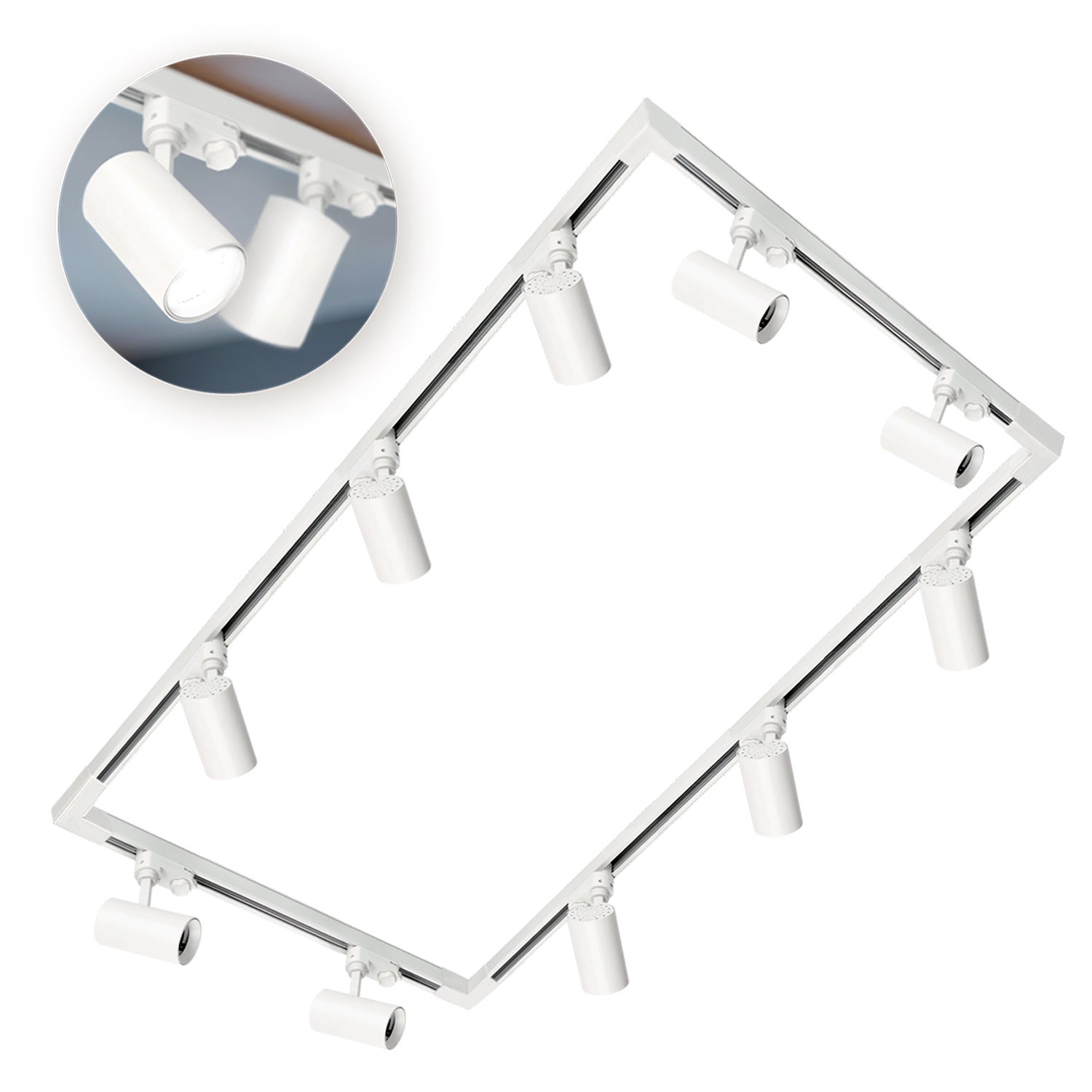 Oświetlenie szynowe 3-fazowe szyna 2x2m+2x1m, 4x łącznik L, 10x Lampa biały 1kpl.