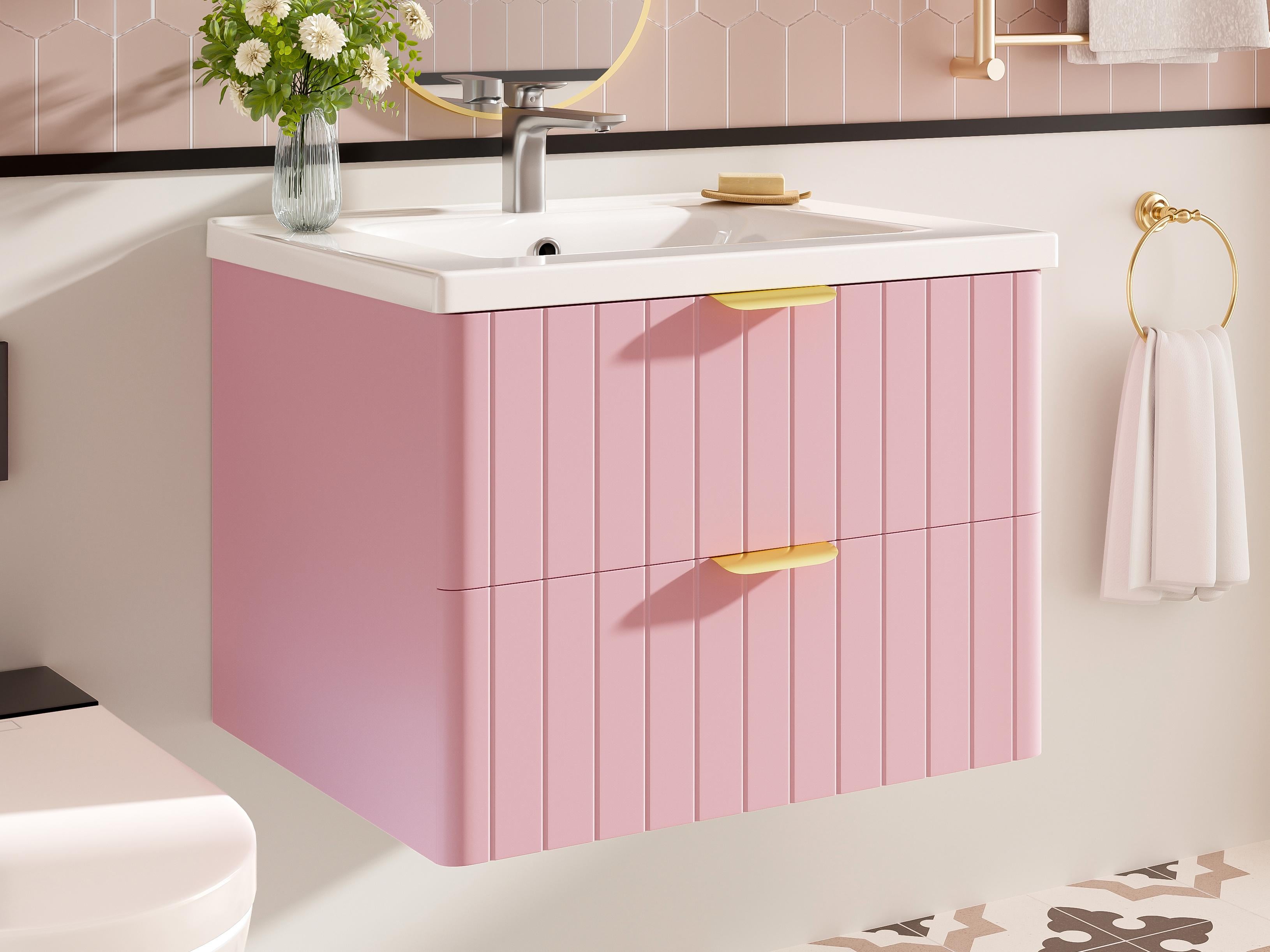 Szafka łazienkowa wisząca - z umywalką ceramiczną - z 2 szufladami - różowa (bez kranu)