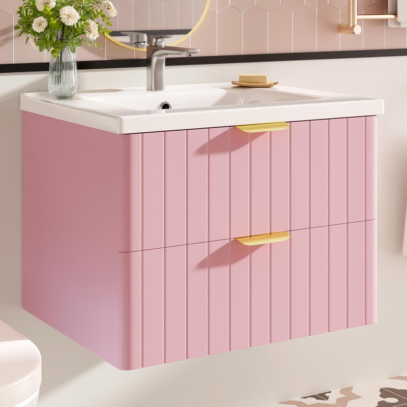 Szafka łazienkowa wisząca - z umywalką ceramiczną - z 2 szufladami - różowa (bez kranu)