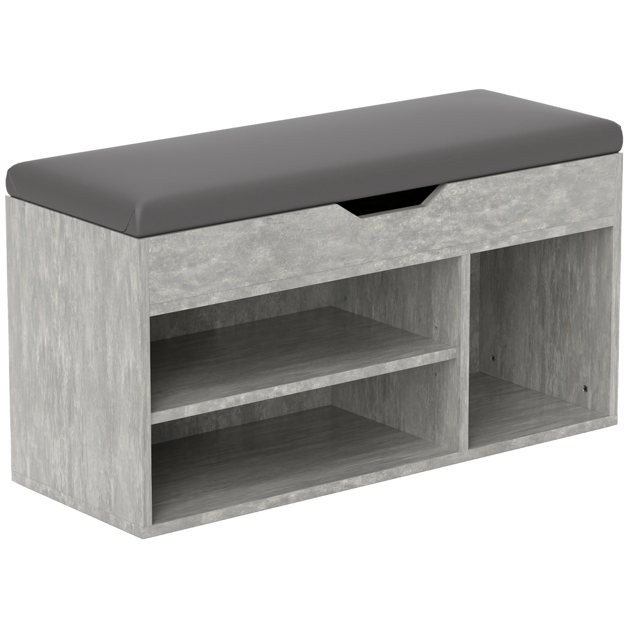 Półka na buty 80x30x43 cm, czarno-szara, z siedziskiem ze skóry PU, 3 przegrody – mebel wejściowy do salonu i korytarza.