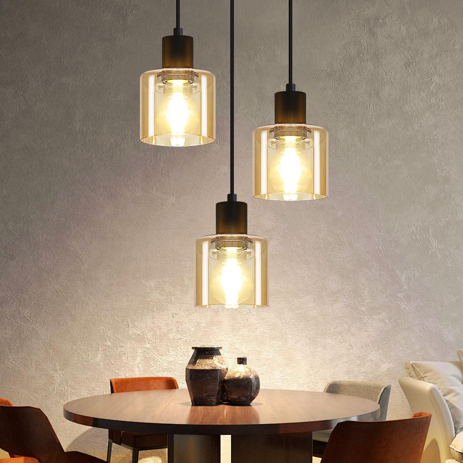 Lampa wisząca nad stół jadalny w stylu retro z 3 żarówkami E27, wykonana z czarnego szkła, do jadalni. Żarówki nie są dołączone.