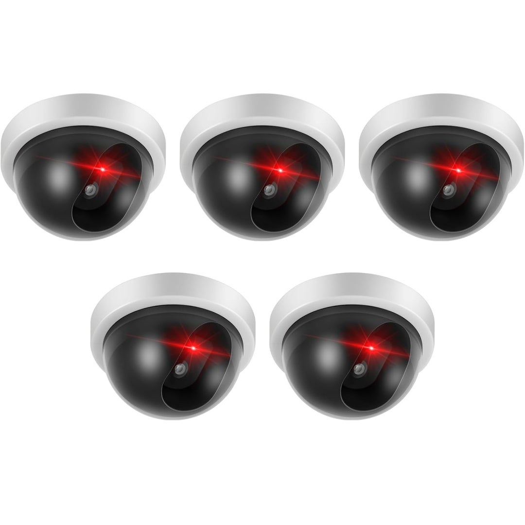 Zestaw 5 atrap kamer z migającymi czerwonymi diodami LED, do bezprzewodowego monitoringu, fałszywy monitoring CCTV (biały)