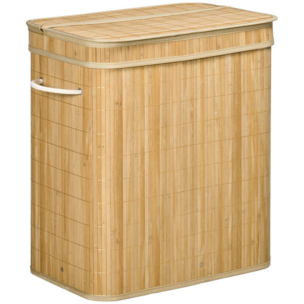 Kosz na pranie bambusowy 90L z 2 przegrodami, pokrywką i uchwytami, wyjmowana torba, 54,2 x 35,2 x 59,5 cm