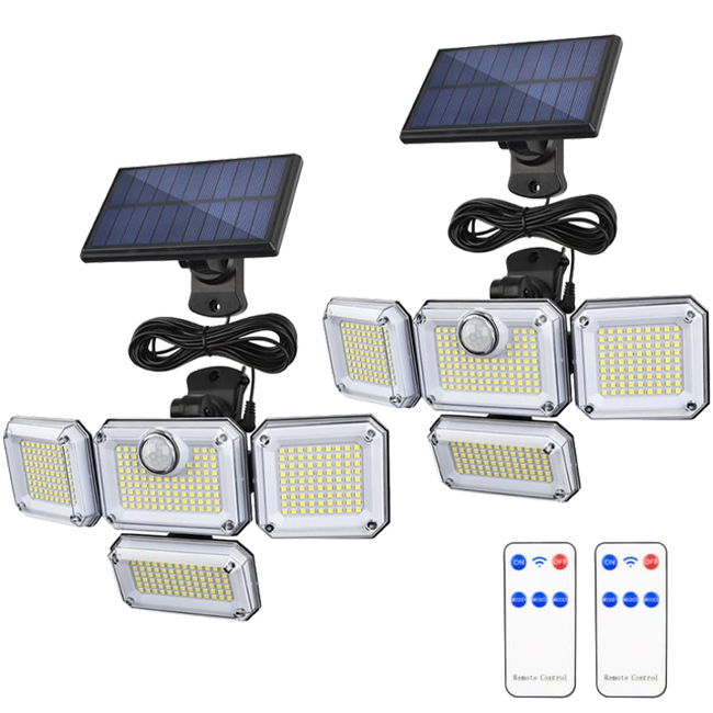 Lampy zewnętrzne solarne z czujnikiem ruchu, 333 diody LED, wodoodporne IP65, solarne lampy bezpieczeństwa z pilotem i 4 głowicami, zestaw 2 sztuk.