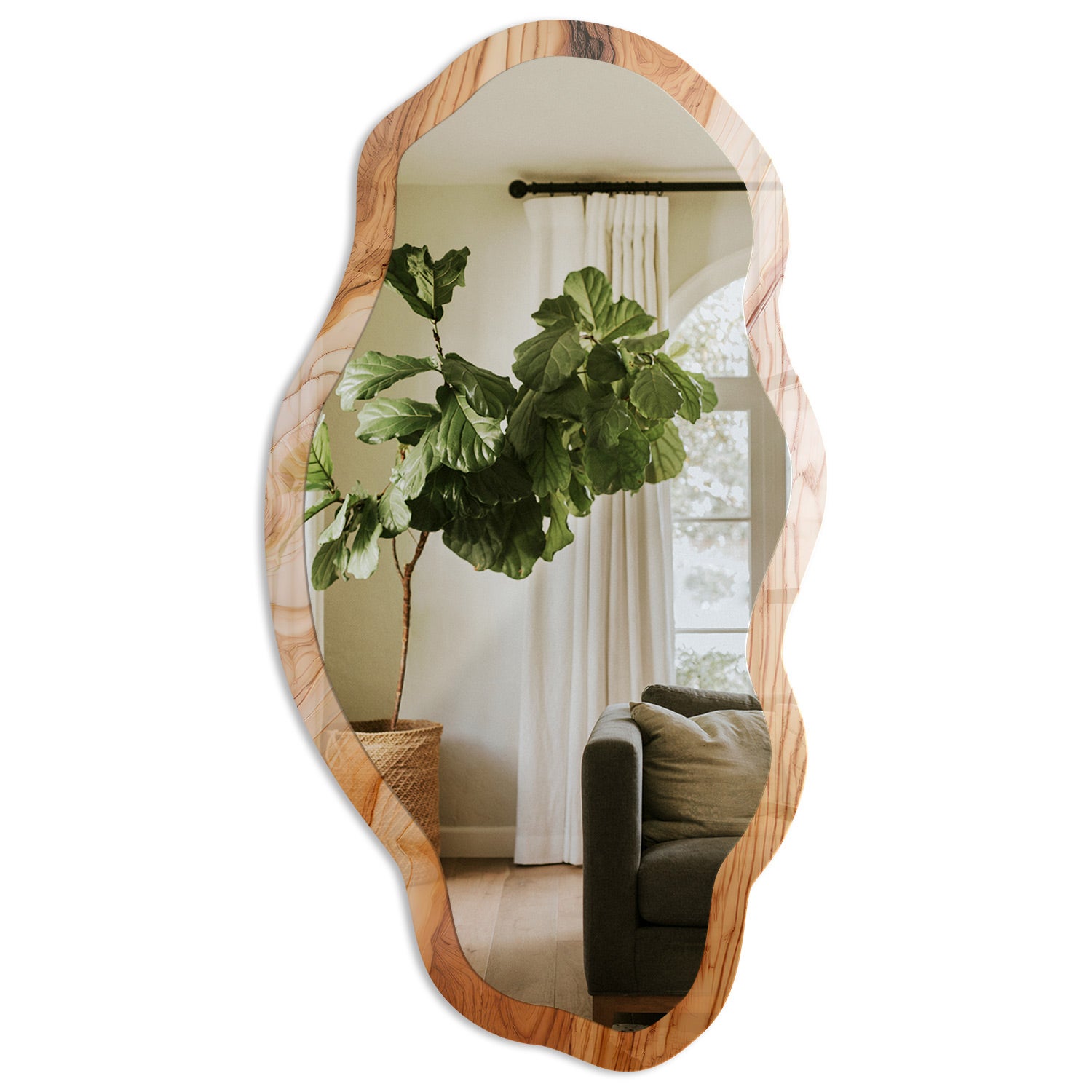 Lustro falujące do salonu z ozdobną ramą szklaną - Drewniana tekstura 52x97cm