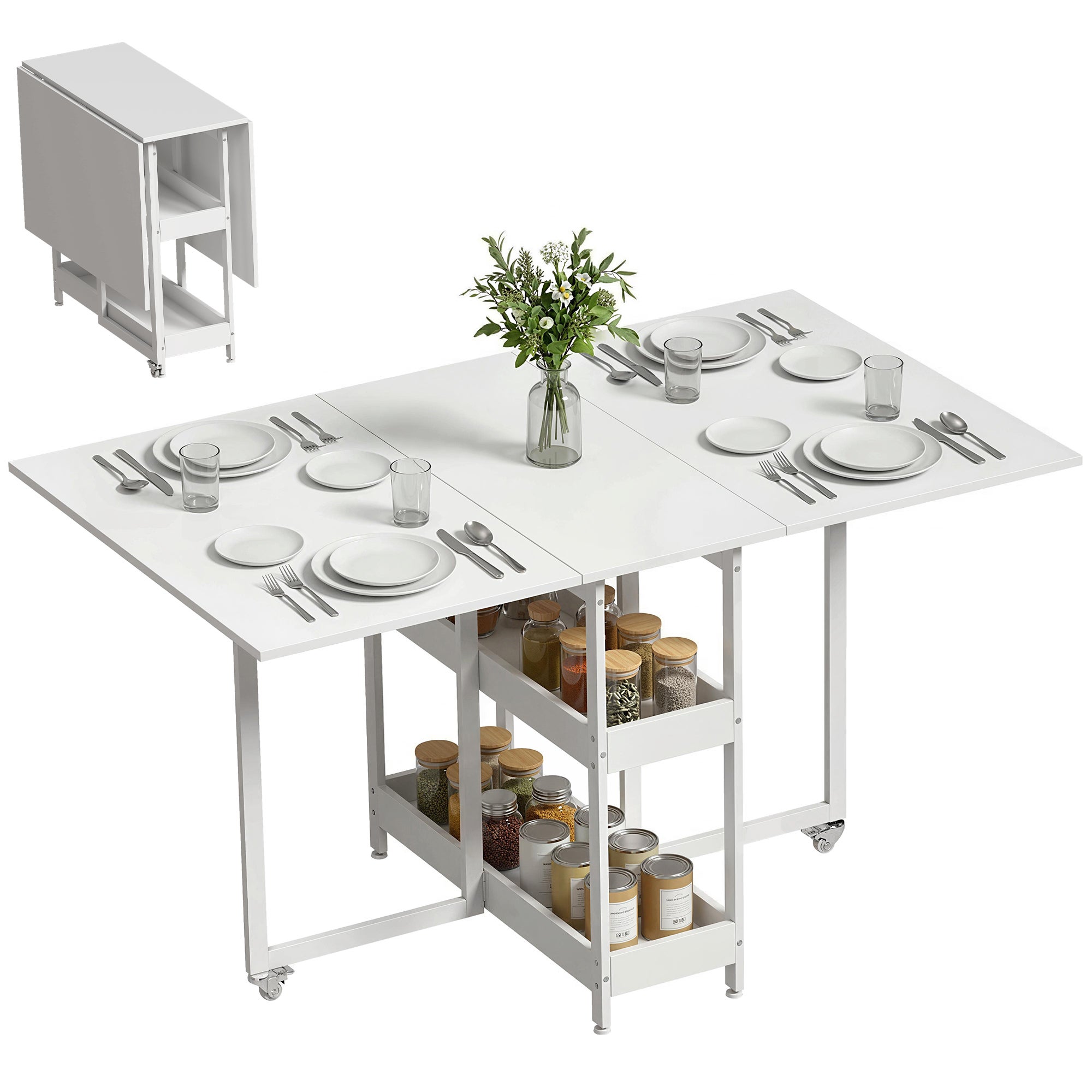 Stół składany z 2 składanymi blatami dla 4 osób z 2 otwartymi półkami, drewno i metal, 133,4 x 80 x 75 cm, kolor biały