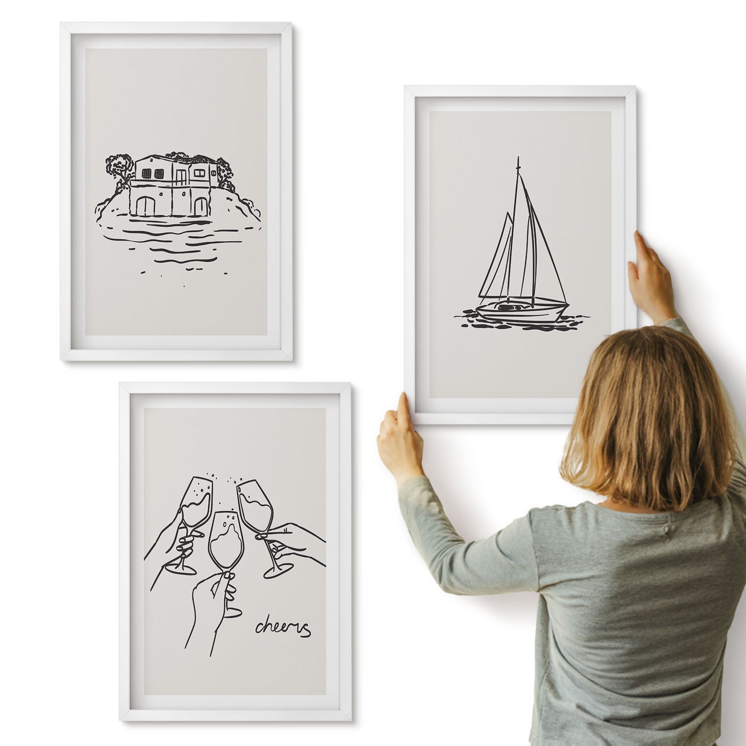 Galeria ścienna 3-częściowy komplet obrazów w białych ramach - Widoki na dom nad wodą toast z kieliszkami żaglówka - ArtPrintCave