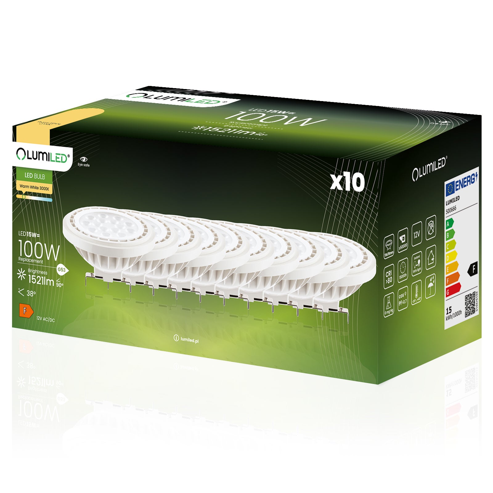 Żarówka LED Lumiled G53 Reflektor AR111 15W 1521lm 3000K Ciepła biel 38st 12V 10 szt.