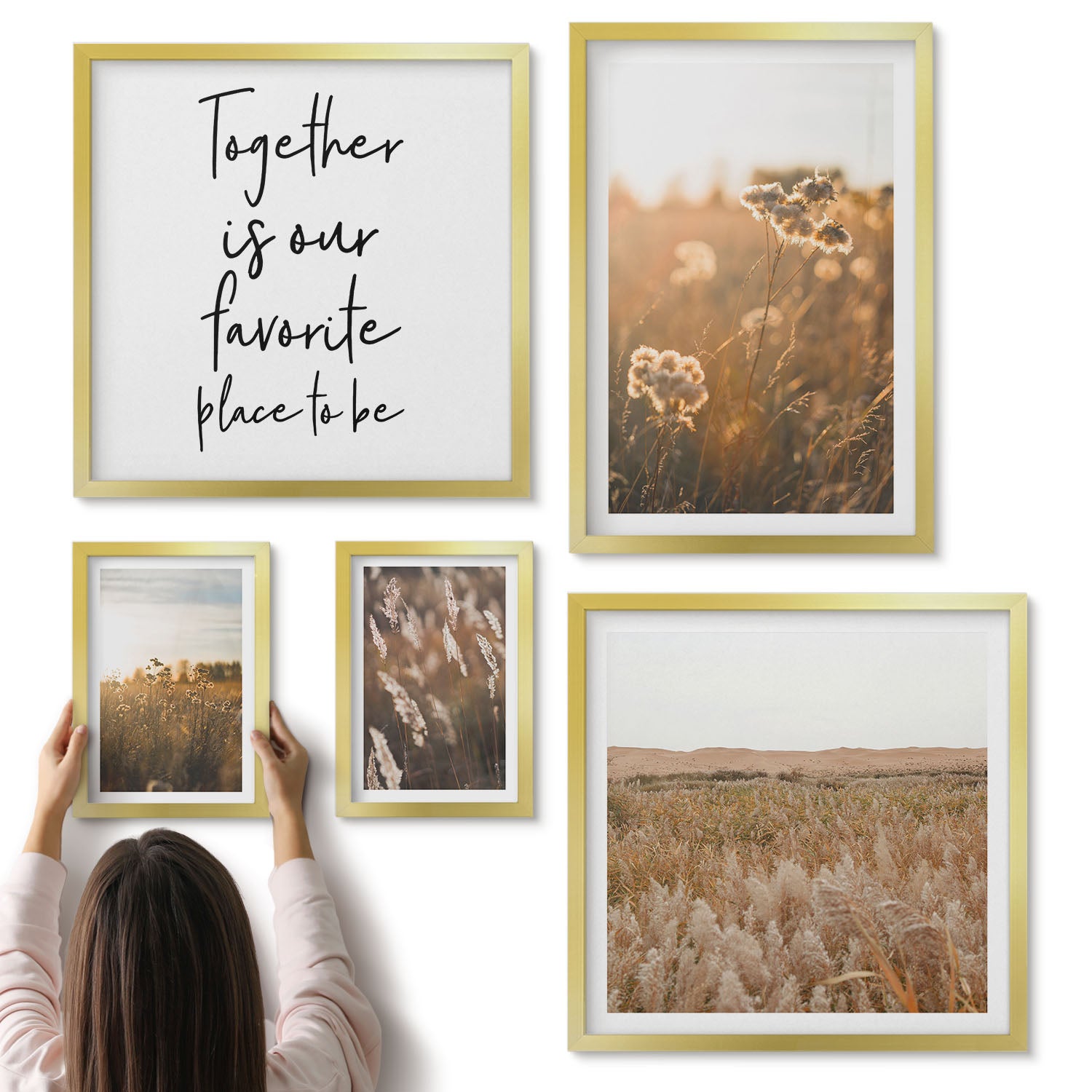 Galeria ścienna 5-częściowy komplet obrazów w złotych ramach - Naturalne pejzaże z kwiatami i inspirującymi sentencjami - ArtPrintCave