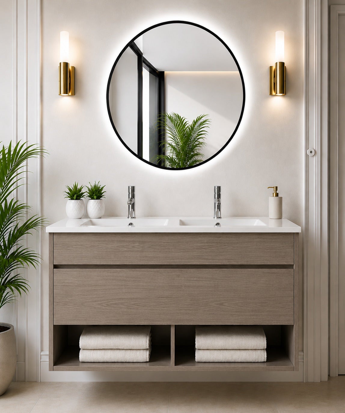 Wisząca szafka łazienkowa z umywalką ORIGENBATH NEBARI z szufladą 120x45 cm podwójna umywalka dąb smoky