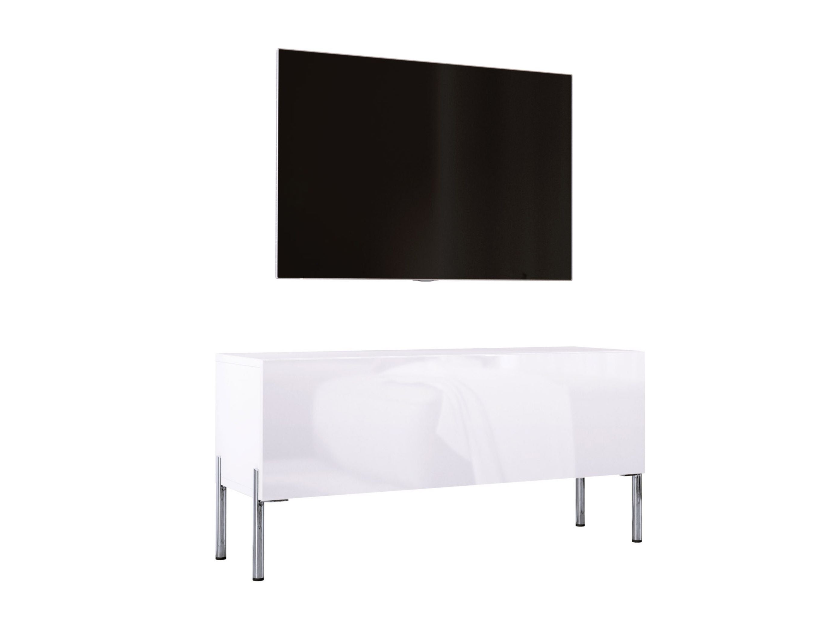 Szafka pod telewizor w kolorze matowo-białym / błyszczącym, chromowane nóżki, 100 x 52 x 32 cm