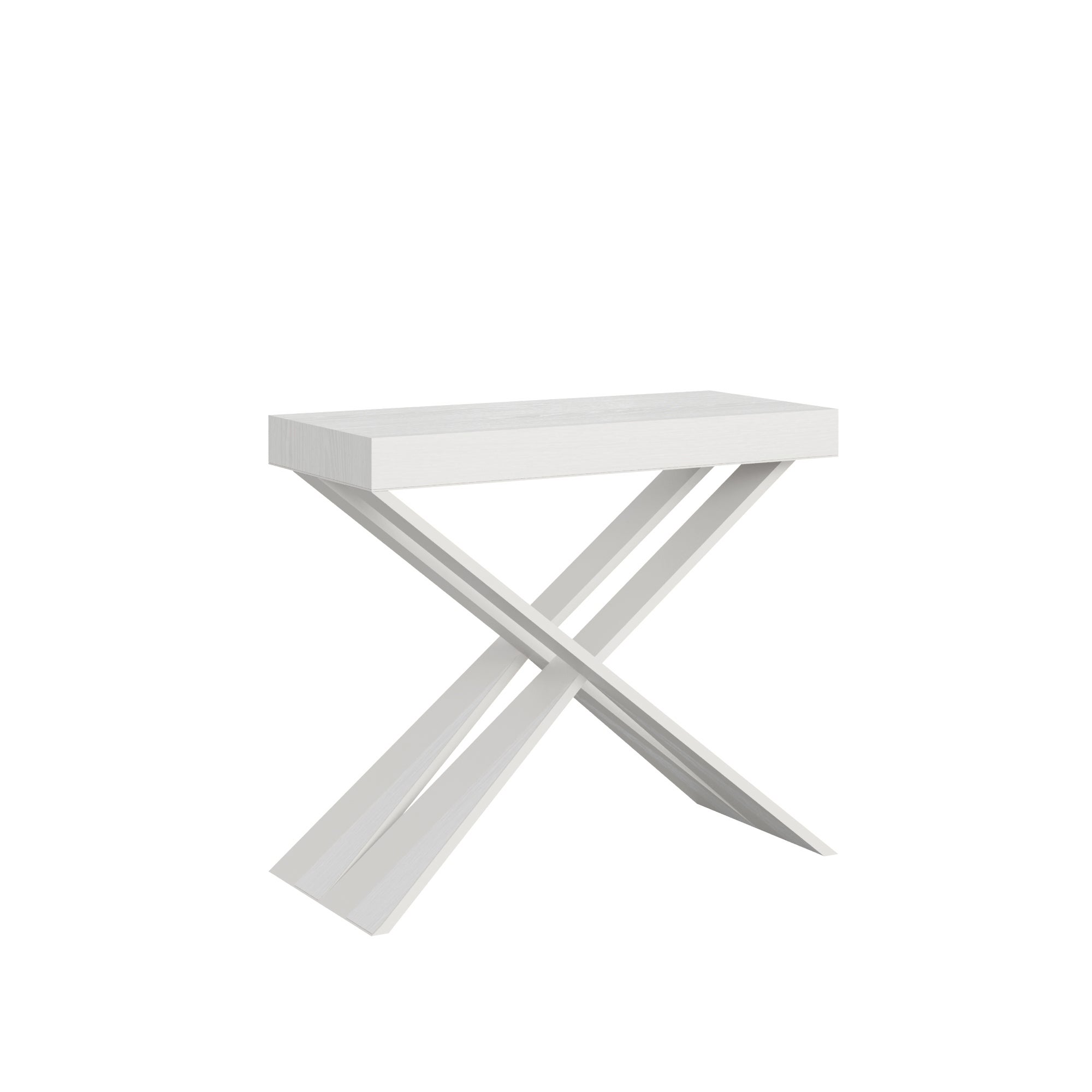 Mesa consola pequeña Diago en fresno blanco con estructura blanca, extensible hasta 196 cm.