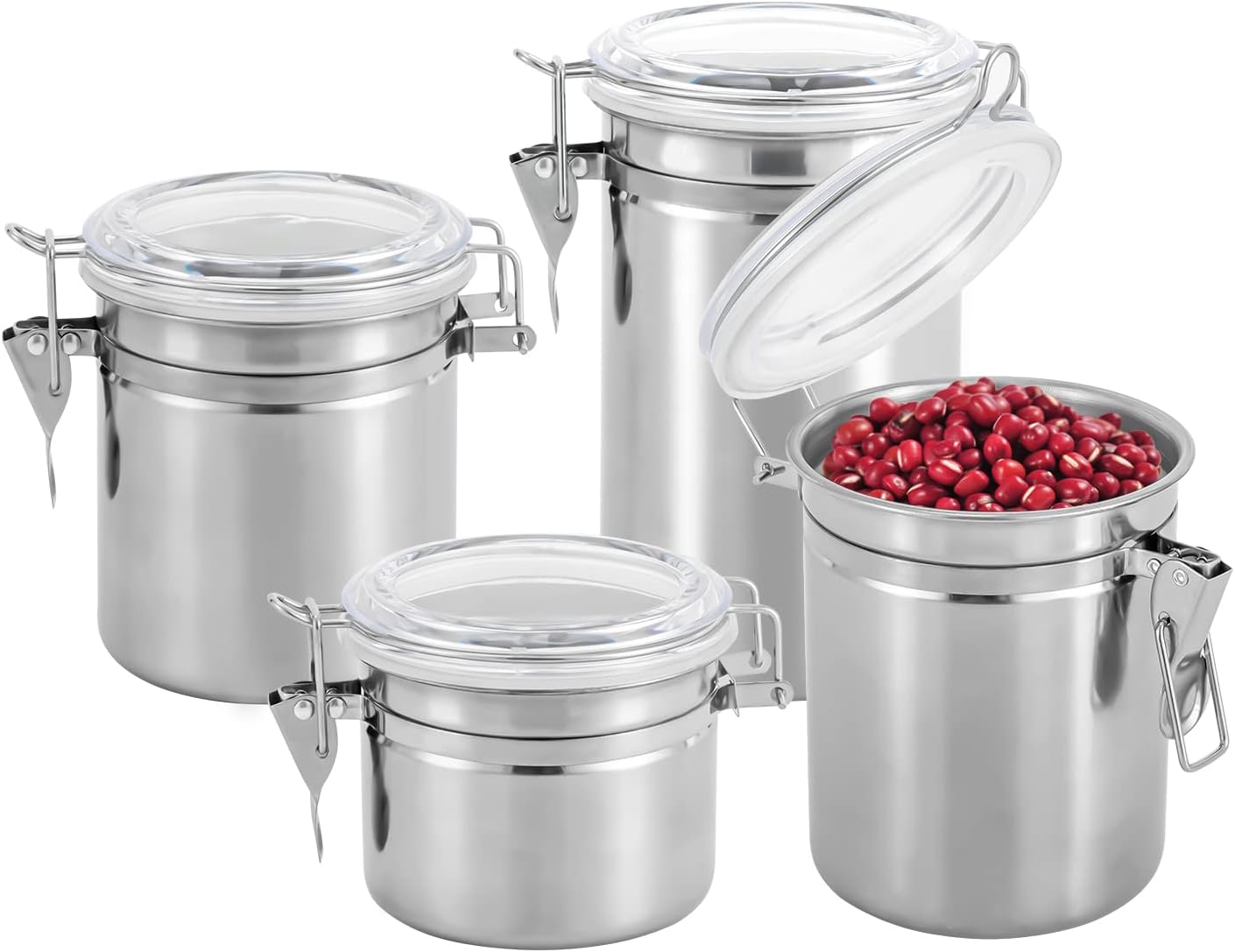 Zestaw 4 okrągłych, hermetycznych pojemników do przechowywania ze stali nierdzewnej z pokrywkami, 550 ml, 760 ml, 850 ml, 1110 ml, na herbatę, kawę i