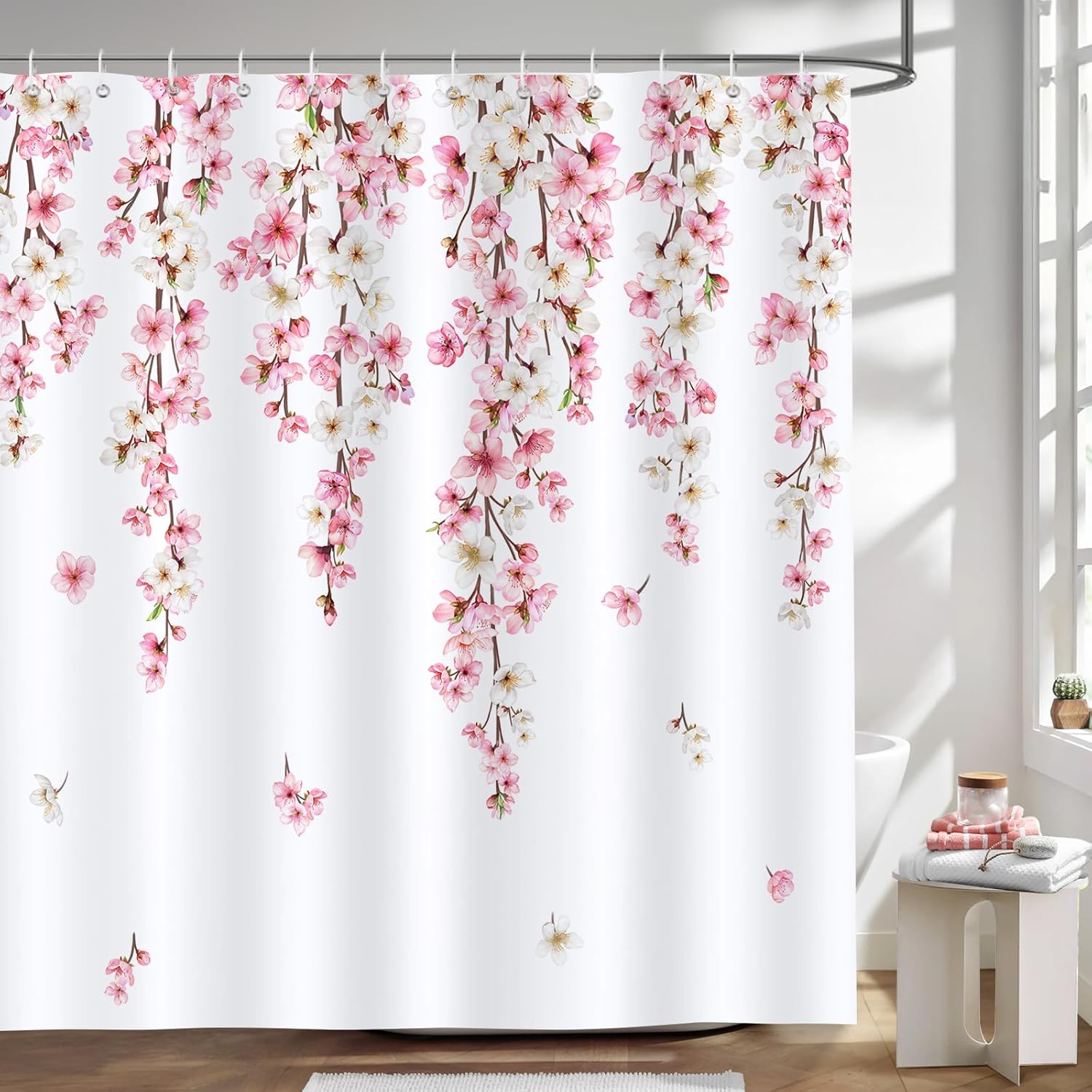 180 x 180 cm Zasłona Prysznicowa Kwiaty Wiśni Różowe Wiosna Sakura Zasłona Kąpielowa Poliester Tkanina Antygrzybiczna Wodoodporna Zmywalna Zasłona