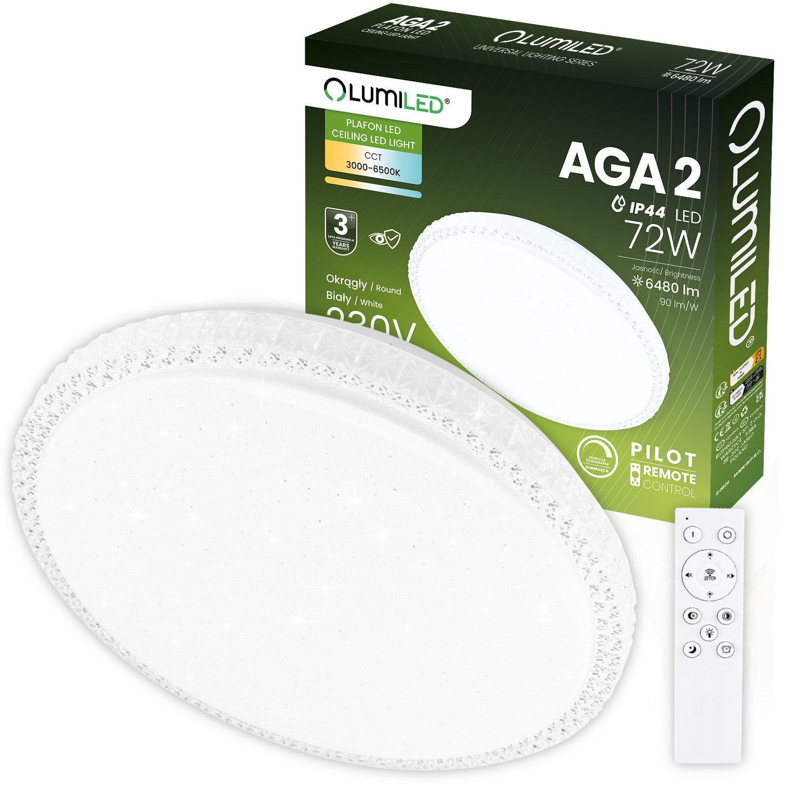Plafon Lumiled Lampa Sufitowa Natynkowa 72W IP44 CCT Biały Okrągły 50cm z Pilotem 1 szt.
