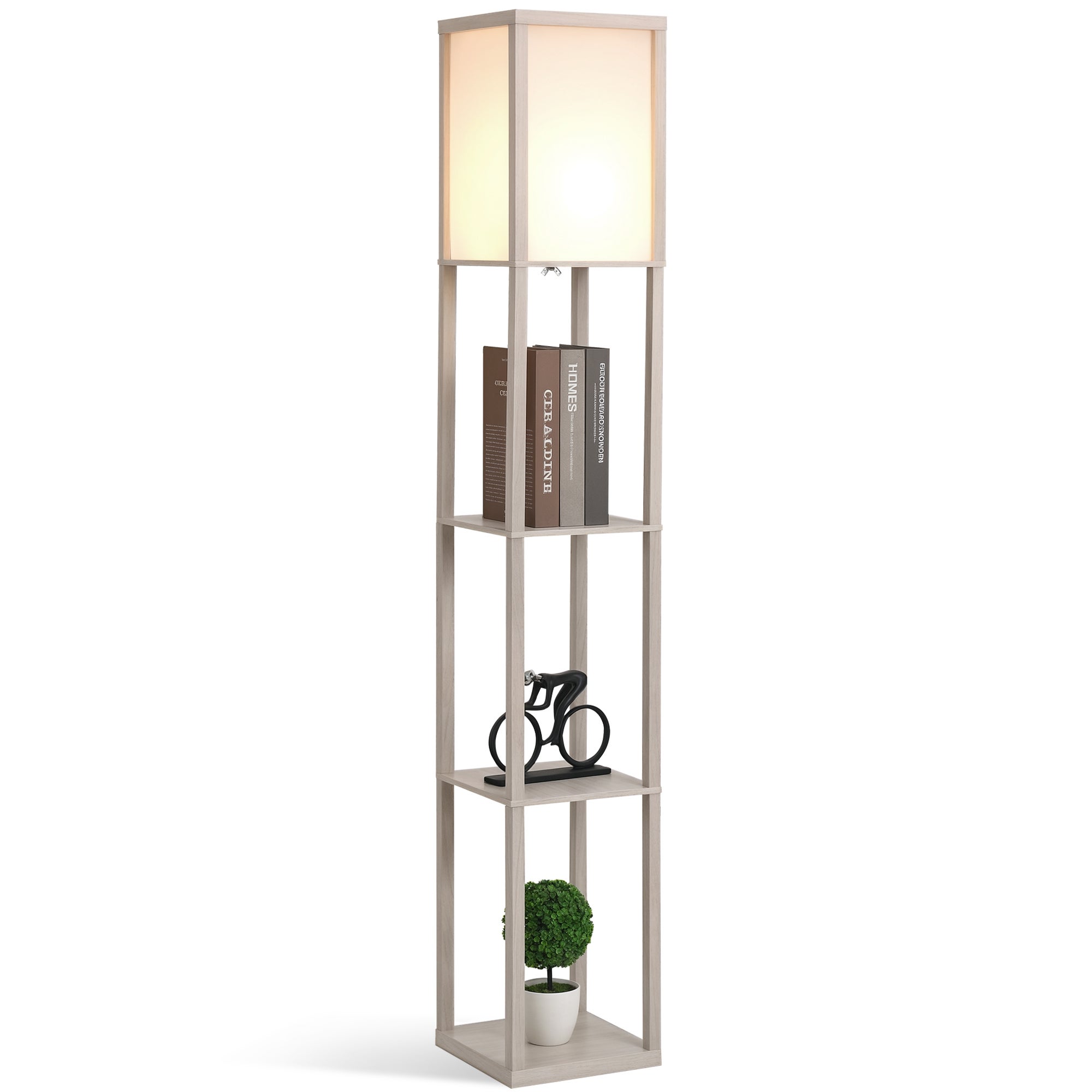 Lampa podłogowa 40W z 3 wbudowanymi półkami i włącznikiem nożnym, nowoczesna lampa z płyty MDF i akrylu, 26 x 26 x 160 cm, dąb