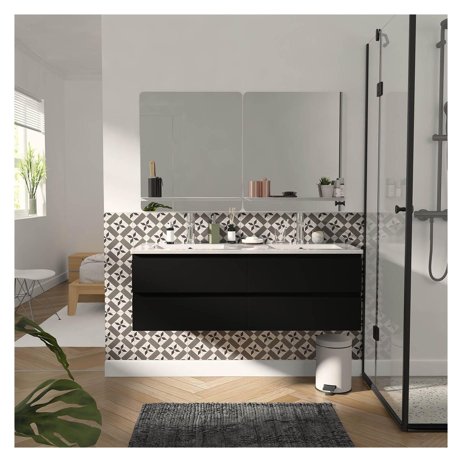 Podwójna szafka pod umywalkę 120 cm z ceramicznym blatem, kranami i lustrami SORRENTO