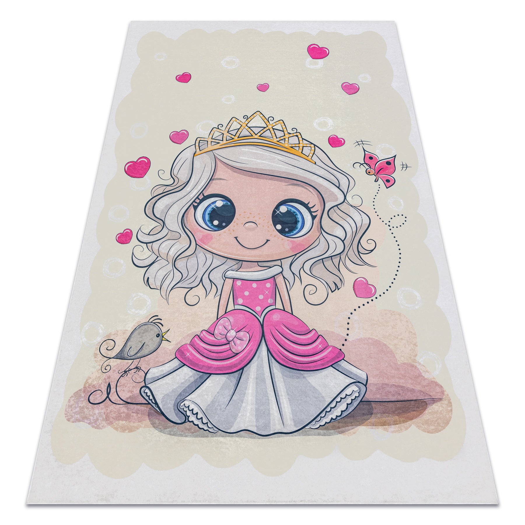 Dywan do prania BAMBINO 43020 Księżniczka, serca dla dzieci, antypoślizgowy - krem / różowy 160x220 cm