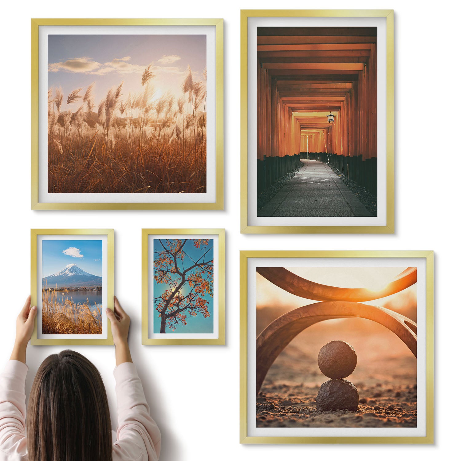 Galeria ścienna 5-częściowy komplet obrazów w złotych ramach - Spokojne krajobrazy natury z motywami zen i harmonią - ArtPrintCave