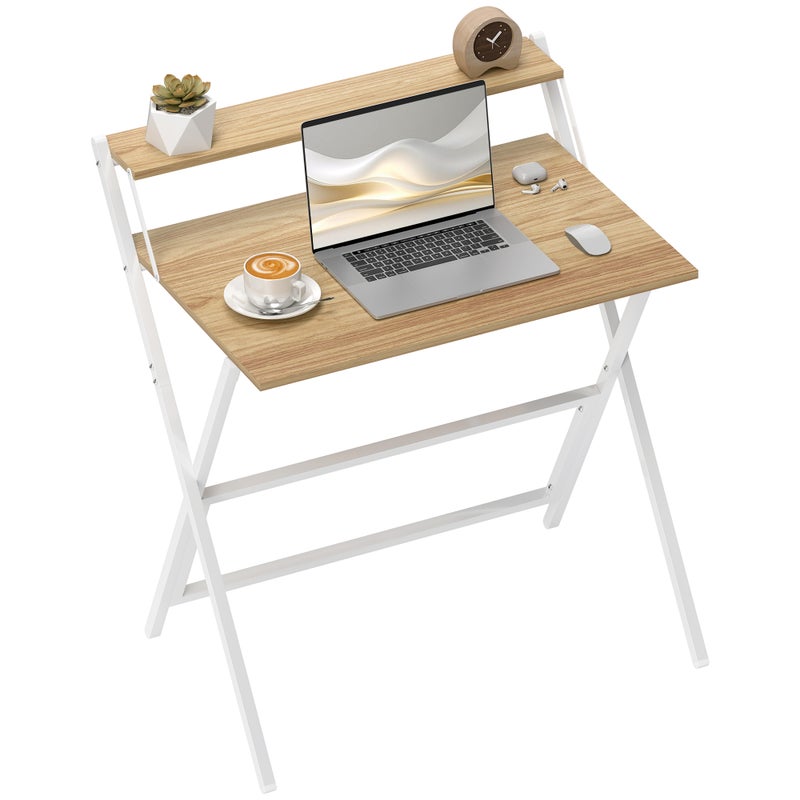 Biurko komputerowe składane 81,5 cm z półką na monitor – wykończenie w kolorze naturalnego drewna