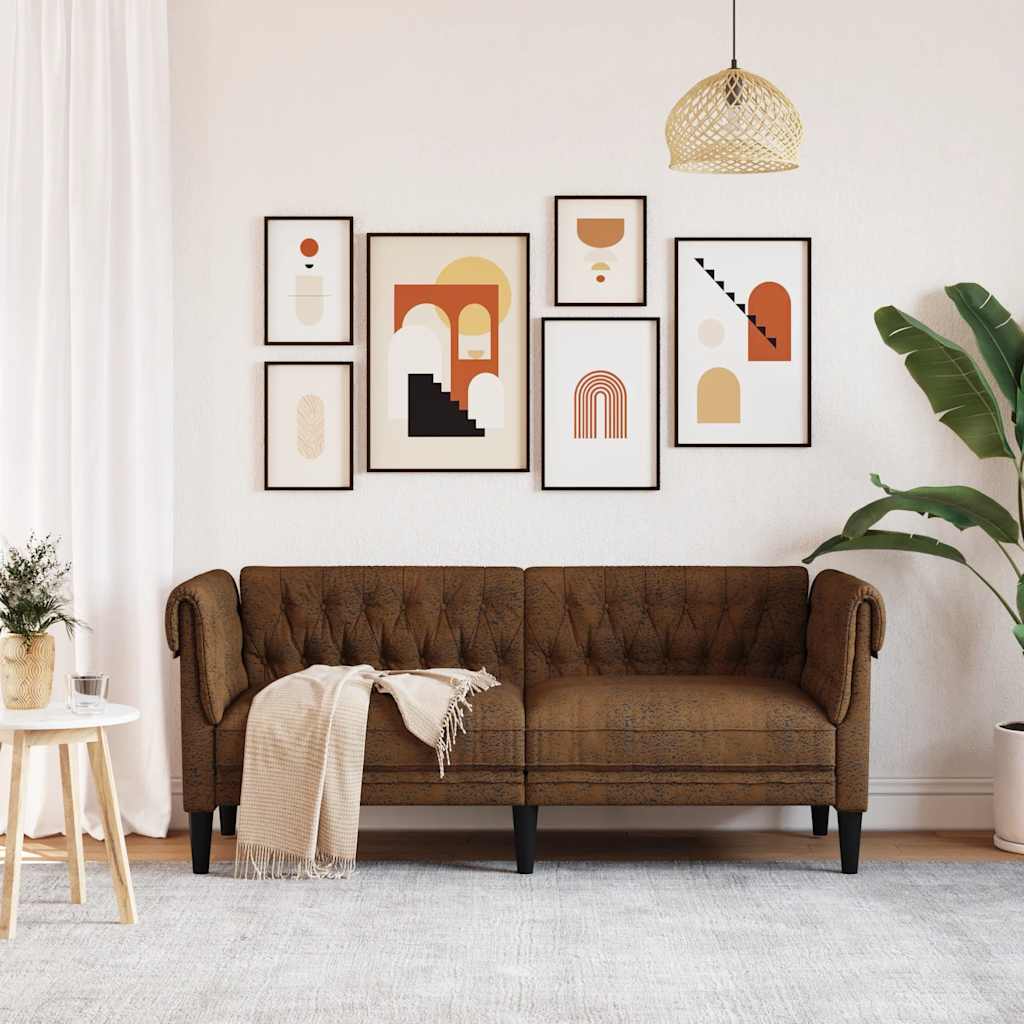 Sofa Chesterfield, dwuosobowa, brązowa, obita tkaniną