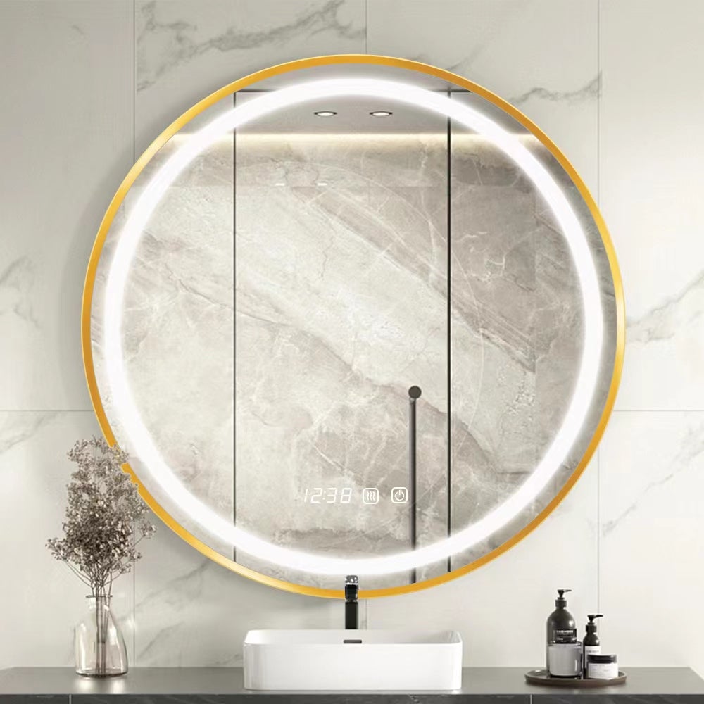 Okrągłe lustro łazienkowe LED, lustro toaletkowe w złotej ramie z czujnikiem dotykowym, 60x60x3 cm, białe/ciepłe białe światło