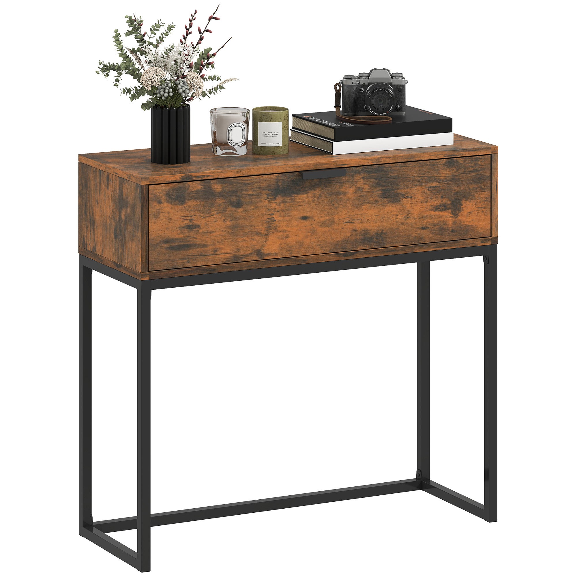 Stolik przy sofie z szuflada, design industrialny, przedpokój salon, 80x30x76 cm, czarny