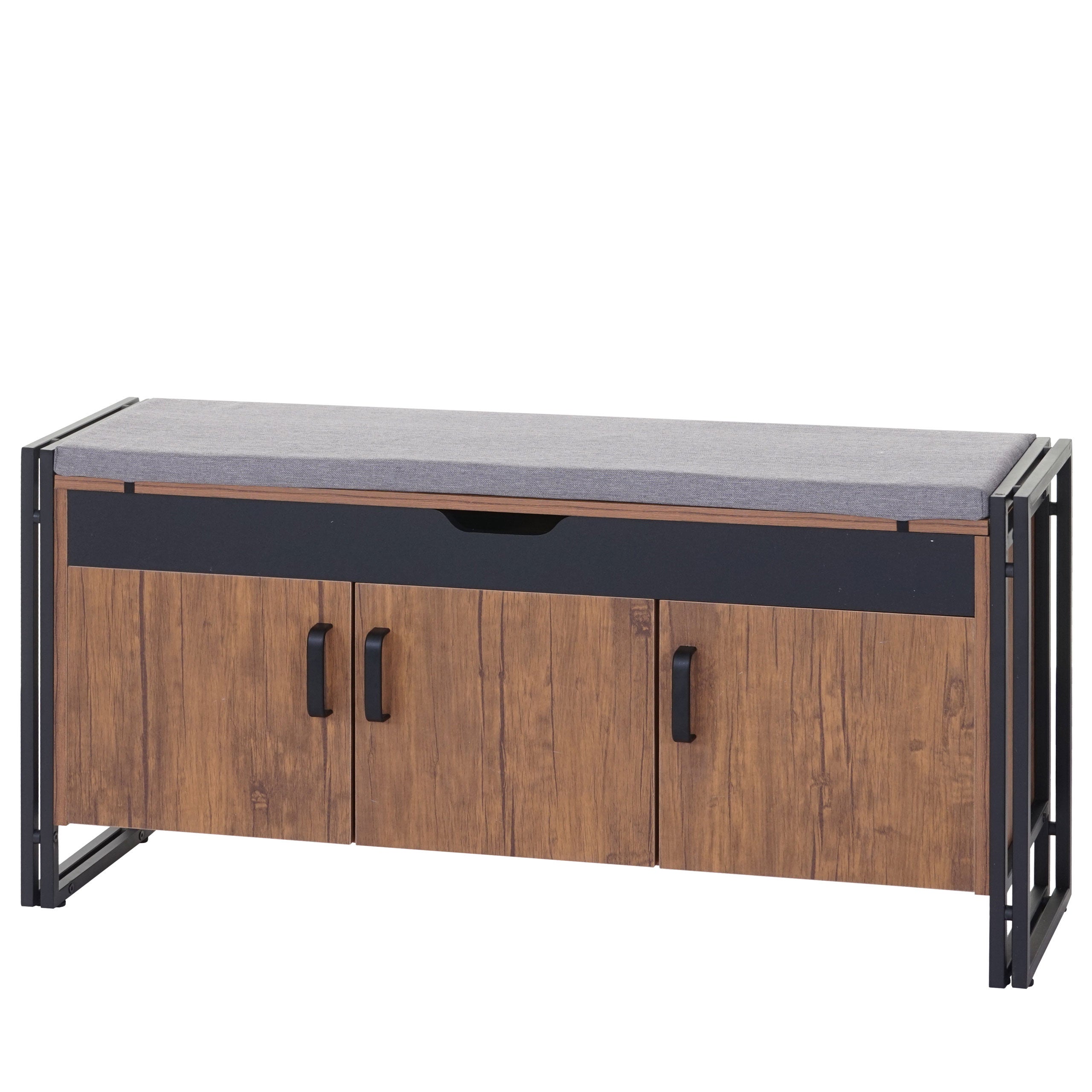 Komoda na buty z siedziskiem HWC-A27, ławka z szufladami i poduszkami, 53x110x30cm metalowa konstrukcja 3D ~ wygląd dzikiego dębu