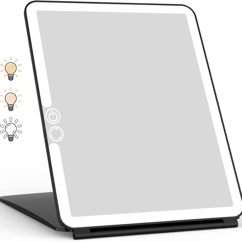Składane lusterko do makijażu z oświetleniem LED, ładowaniem przez USB, ekranem dotykowym LED, lusterko podróżne (czarne)