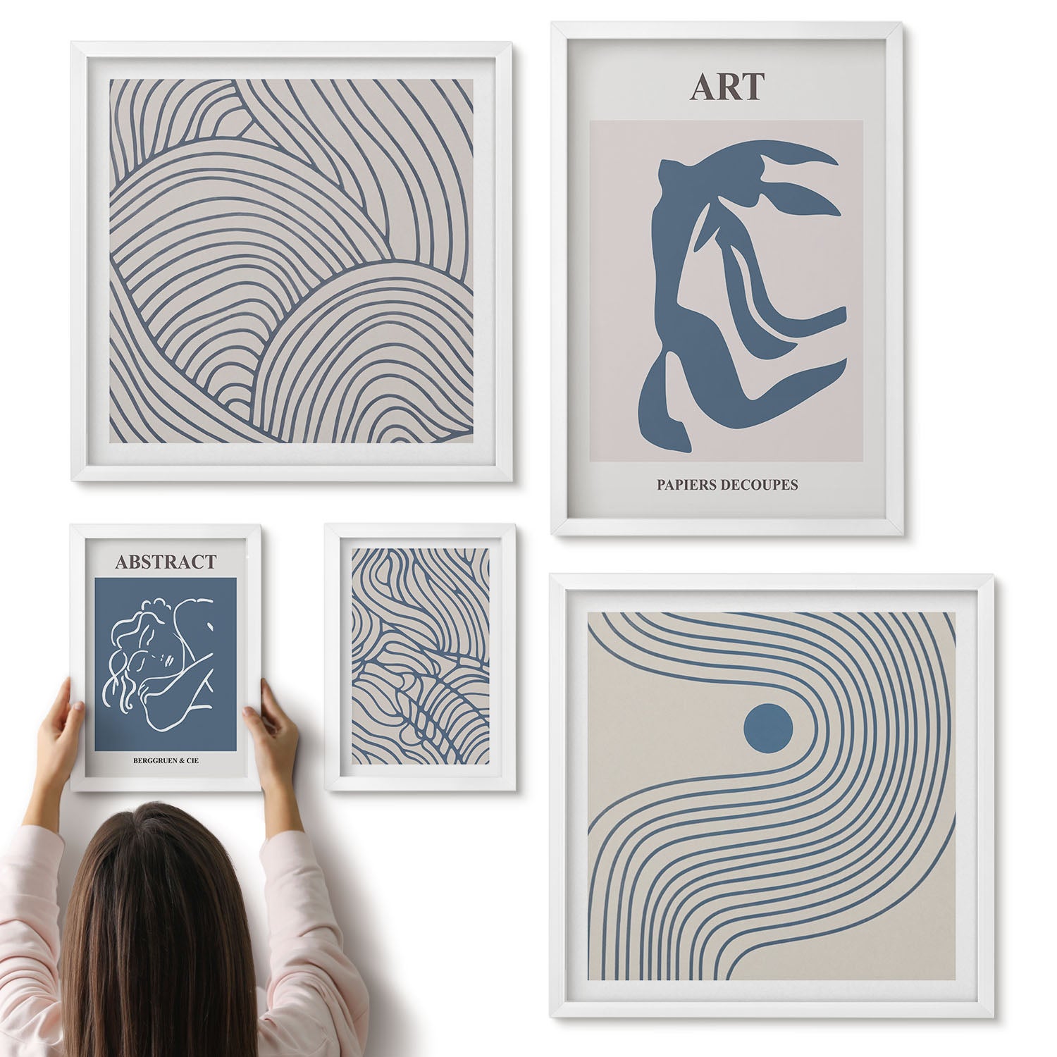 Galeria ścienna 5-częściowy komplet obrazów w białych ramach - Abstrakcyjne formy i linie w stylu nowoczesnym - ArtPrintCave