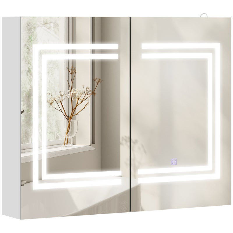 Lustro łazienkowe z oświetleniem LED, regulowanymi półkami i włącznikiem dotykowym, wykonane z drewna i szkła, 80 x 15 x 65 cm, białe