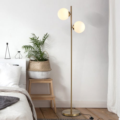 Lampa podłogowa salon, złota metalowa konstrukcja i białe szkło - nowoczesna oprawa 2 punktowa, oświetlenie do kącika czytelniczego & sypialni