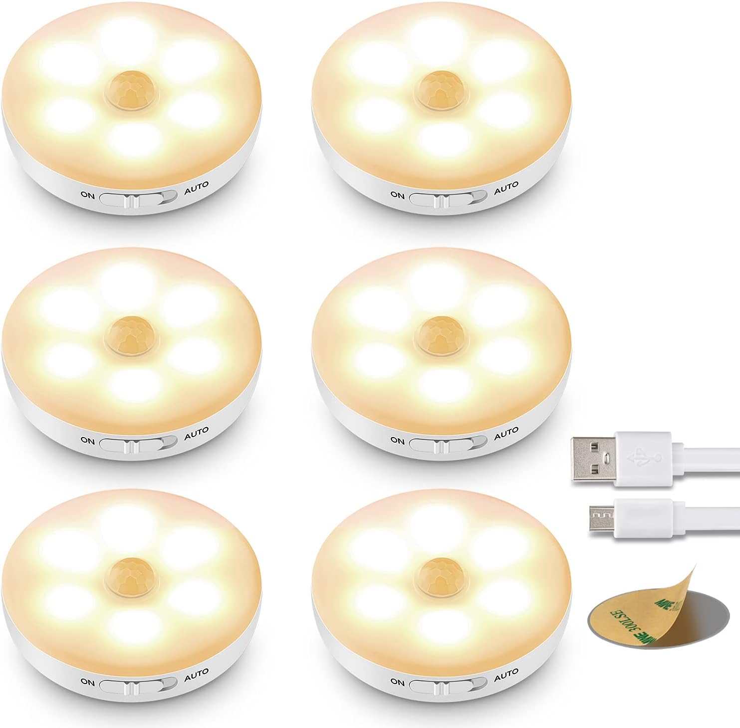[Opakowanie 6 sztuk], automatyczna lampa z czujnikiem ruchu do użytku wewnątrz pomieszczeń, 3 tryby (automatyczny/wł./wył.), samoprzylepna, akumulator