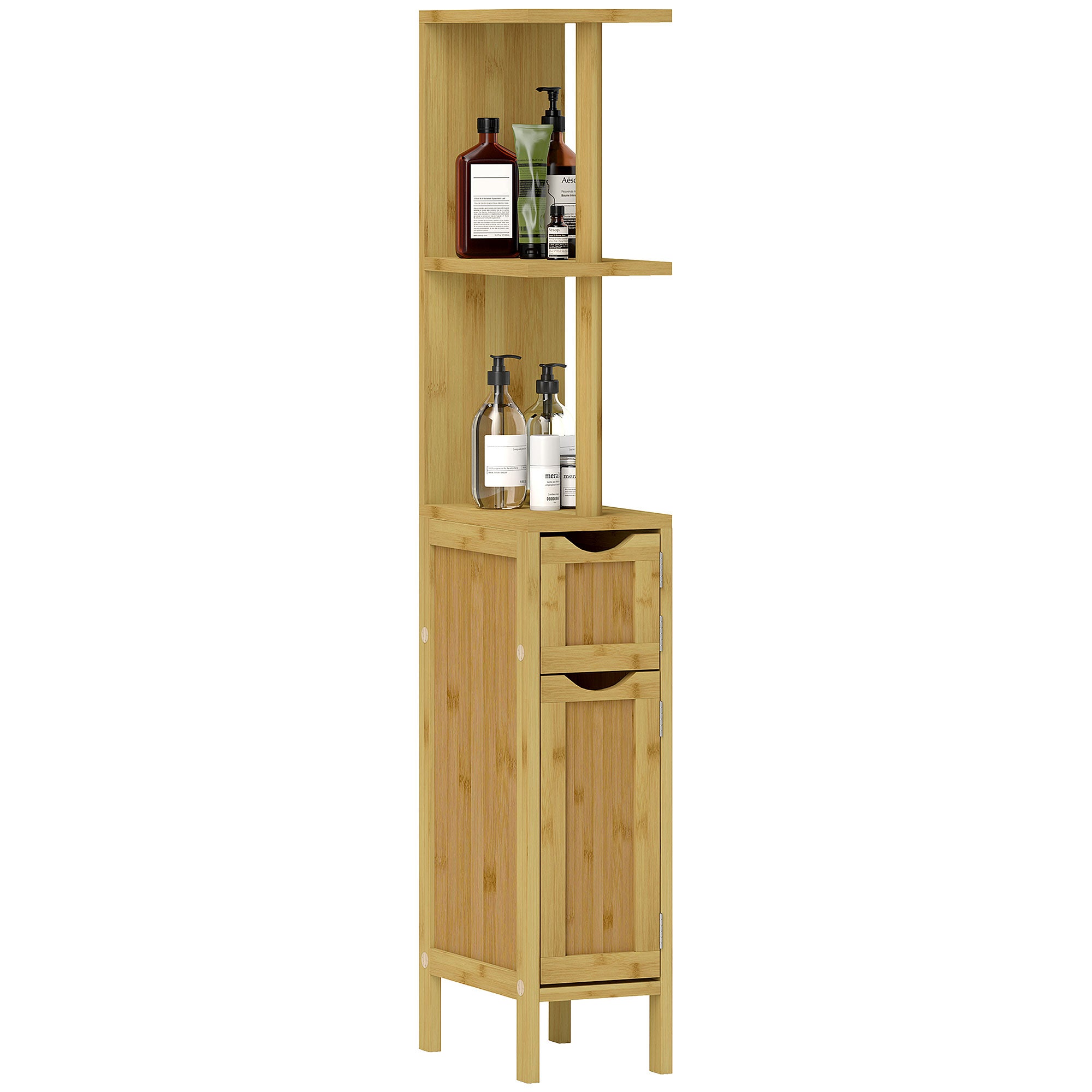 Kolumna łazienkowa, mebel łazienkowy z 2 półkami i 2 szafkami bambusowymi, 18 dł. x 30 szer. x 120 wys. cm, drewno naturalne
