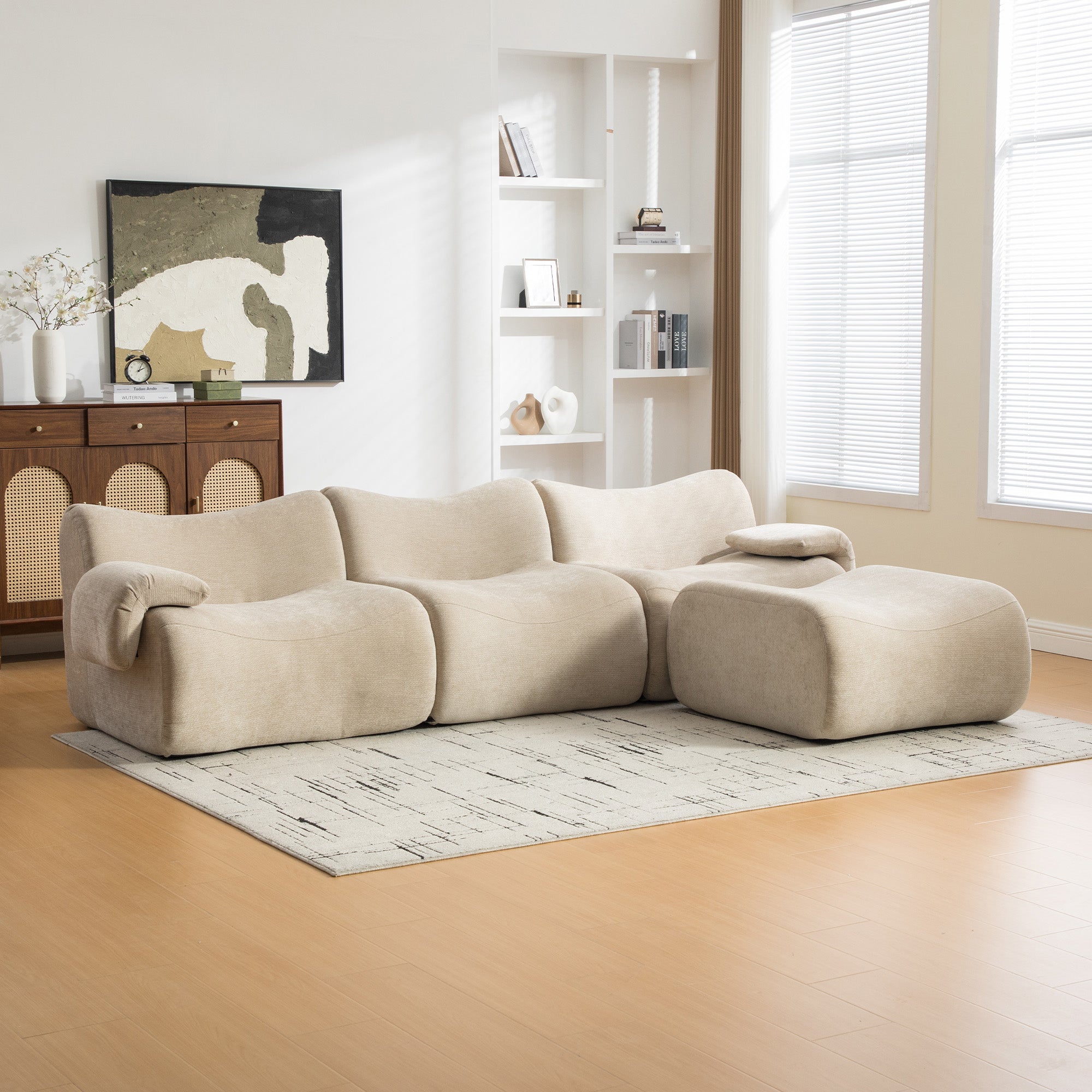 Modułowa sofa kompresyjna wykonana z tkaniny szenilowej wypełniona pianką wysokoelastyczną 30D. Łatwe do przenoszenia i z antypoślizgową podstawą