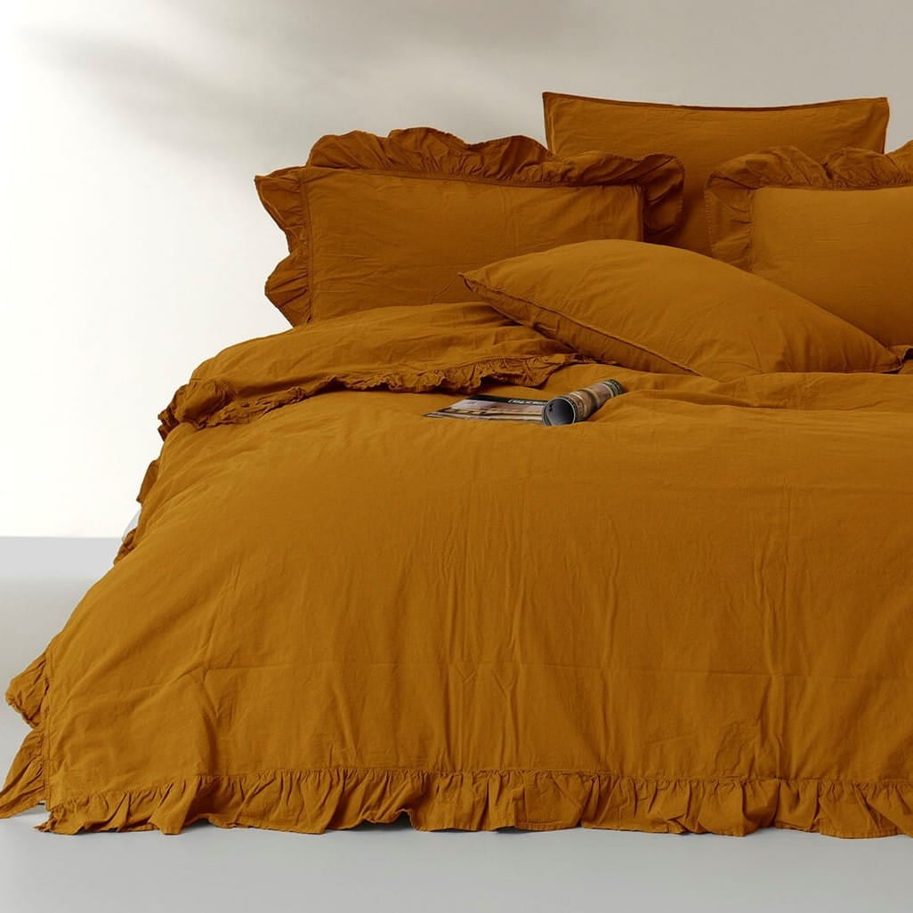 Pościel bawełniana z falbanką 220x200 Stonewashed Exclusive, Mustard, żółta - Limasso