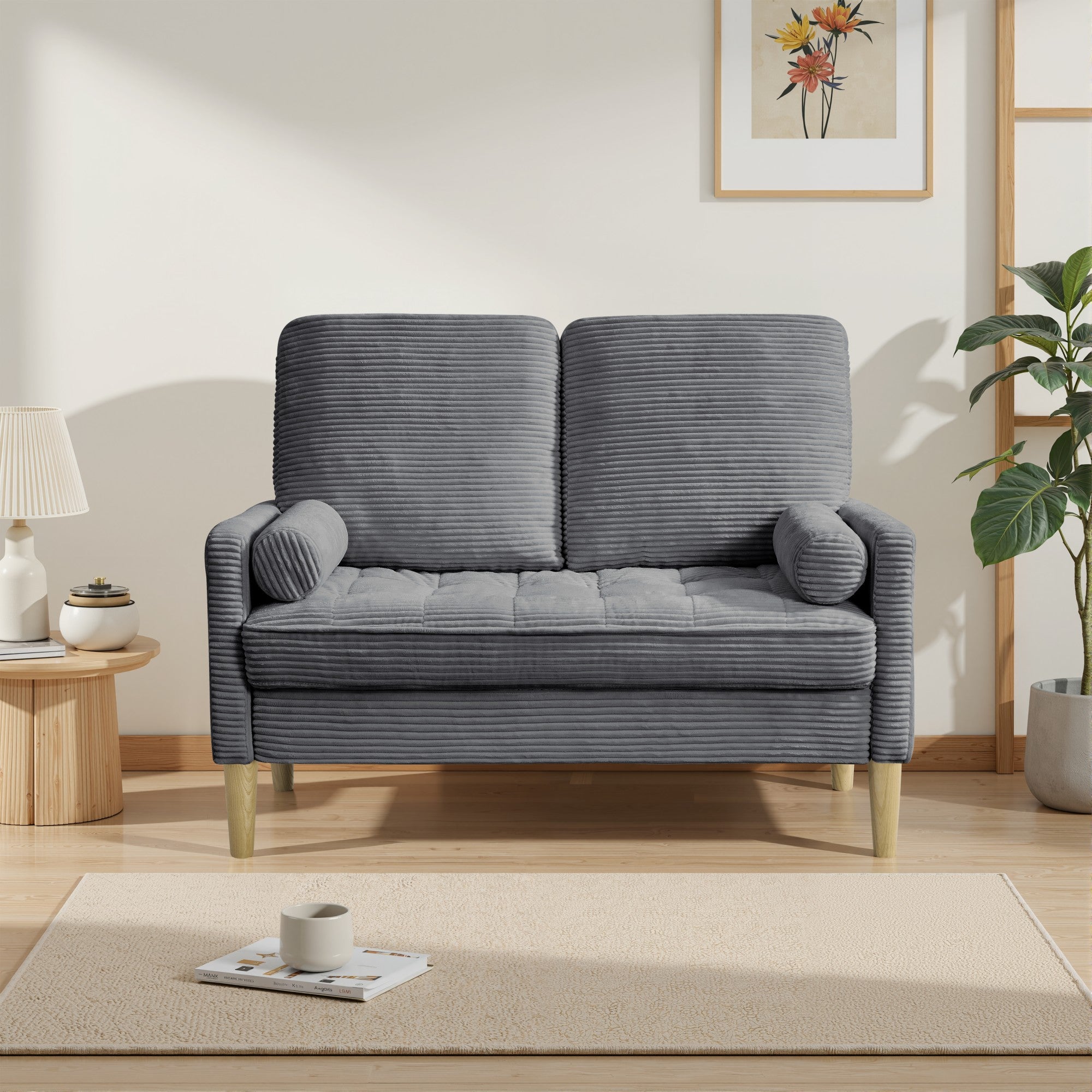 Dwuosobowa sofa z aksamitu, styl skandynawski, sofa tapicerowana z miękkimi poduszkami, szara